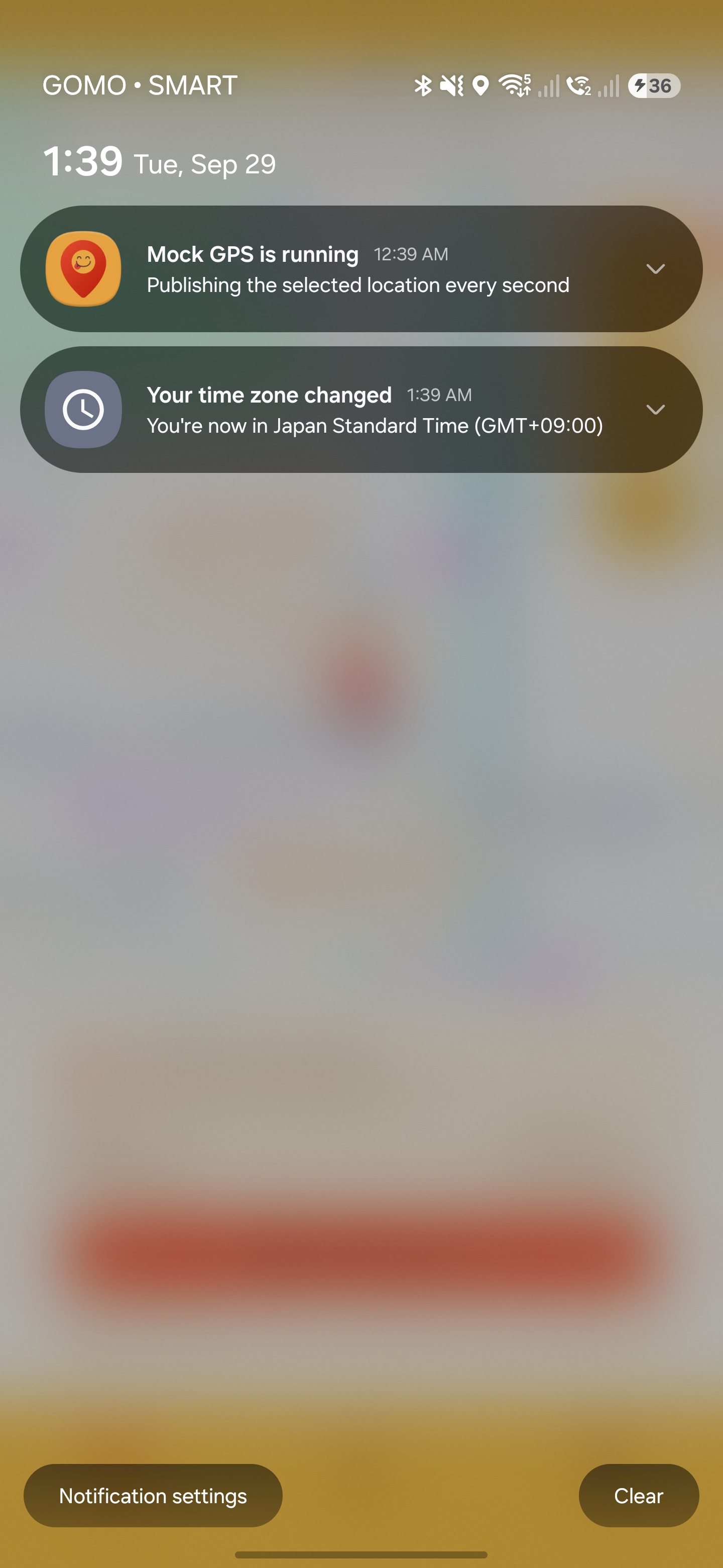 Android notification showing that MockGPS is running and publishing the selected location every second