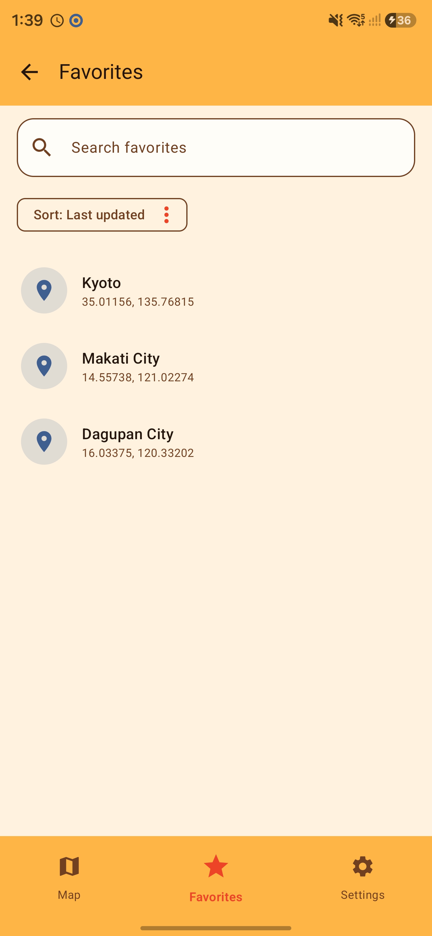 MockGPS Favorites screen with saved locations in Kyoto, Makati City, and Dagupan City