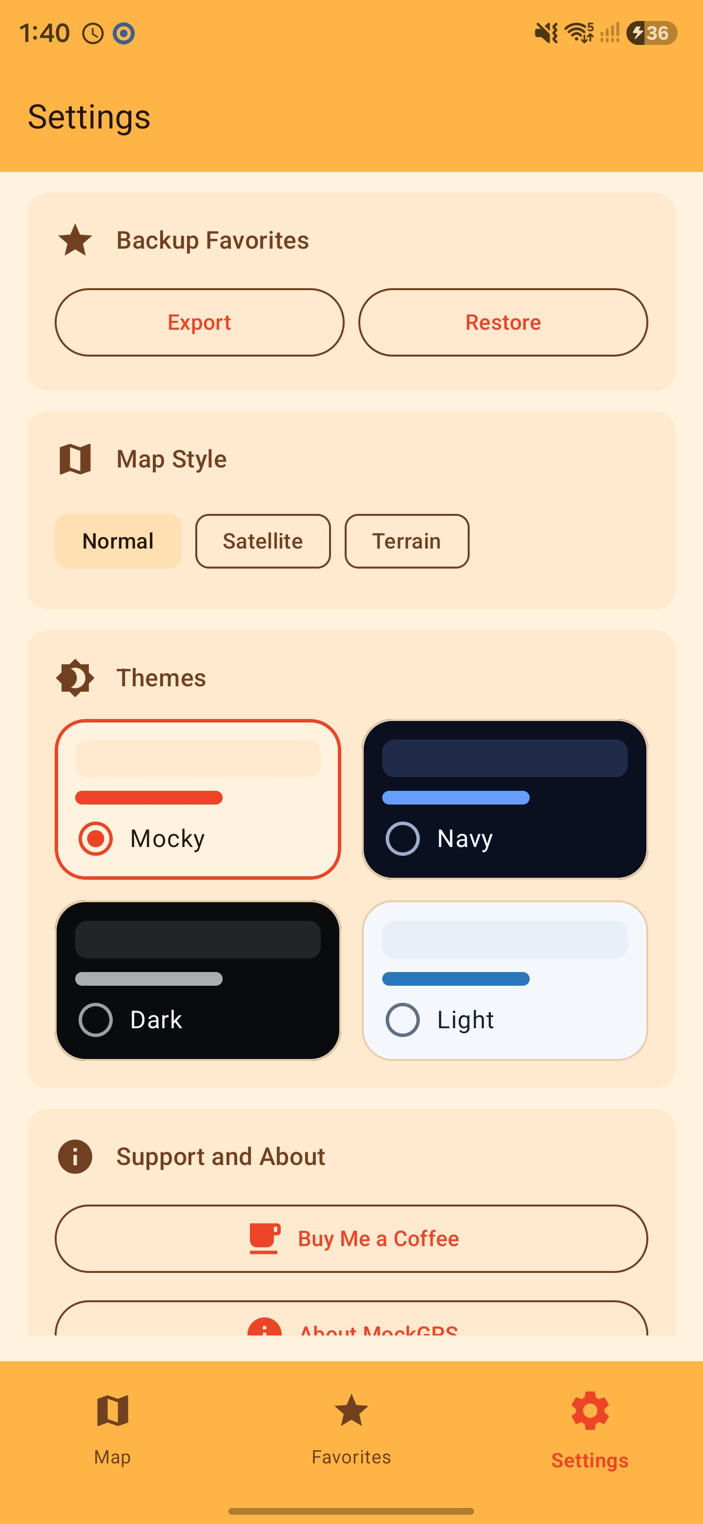 MockGPS settings with favorites backup, map styles, and Mocky, Navy, Dark, and Light themes