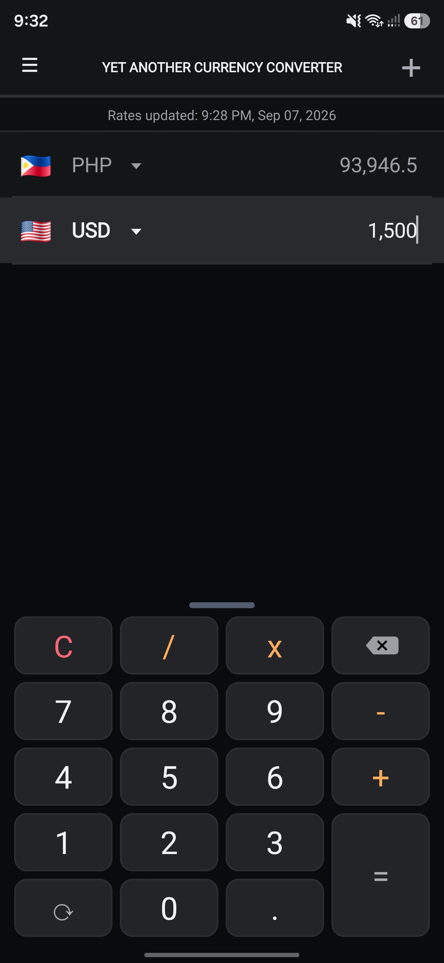 YACC comparing Philippine pesos and US dollars with its built-in calculator