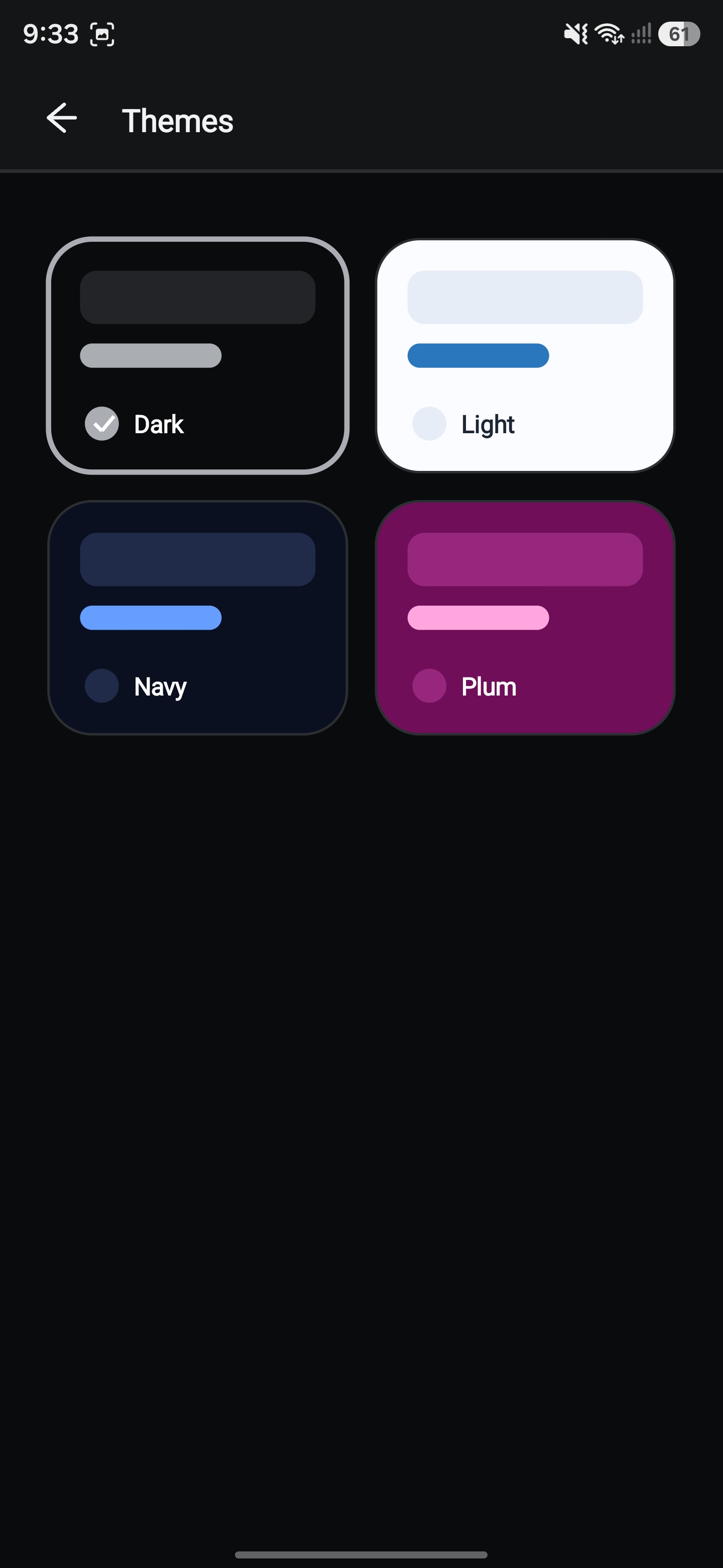 YACC theme selector showing dark, light, navy, and plum themes
