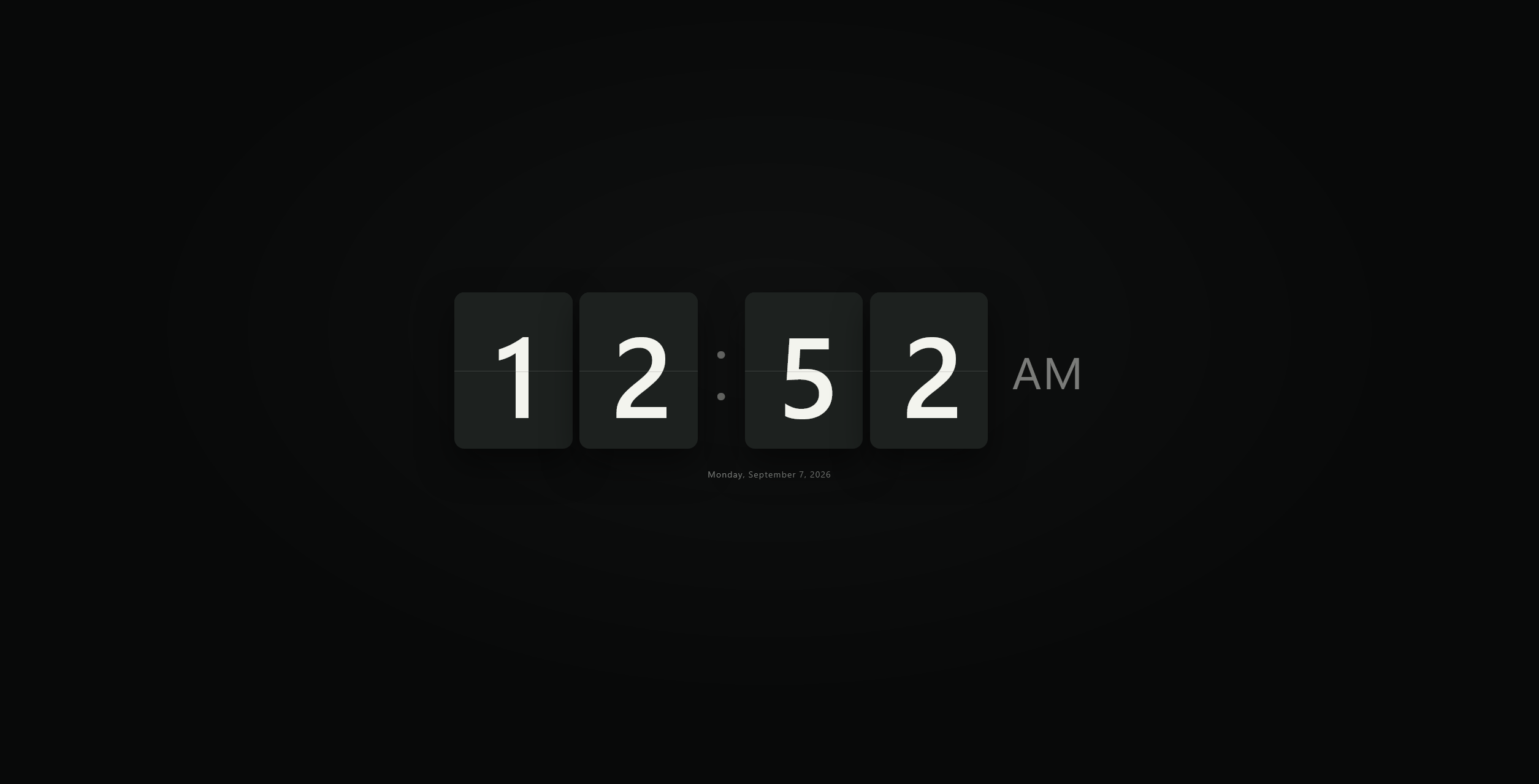 Yet Another Flip Clock showing a minimal fullscreen clock with the current date