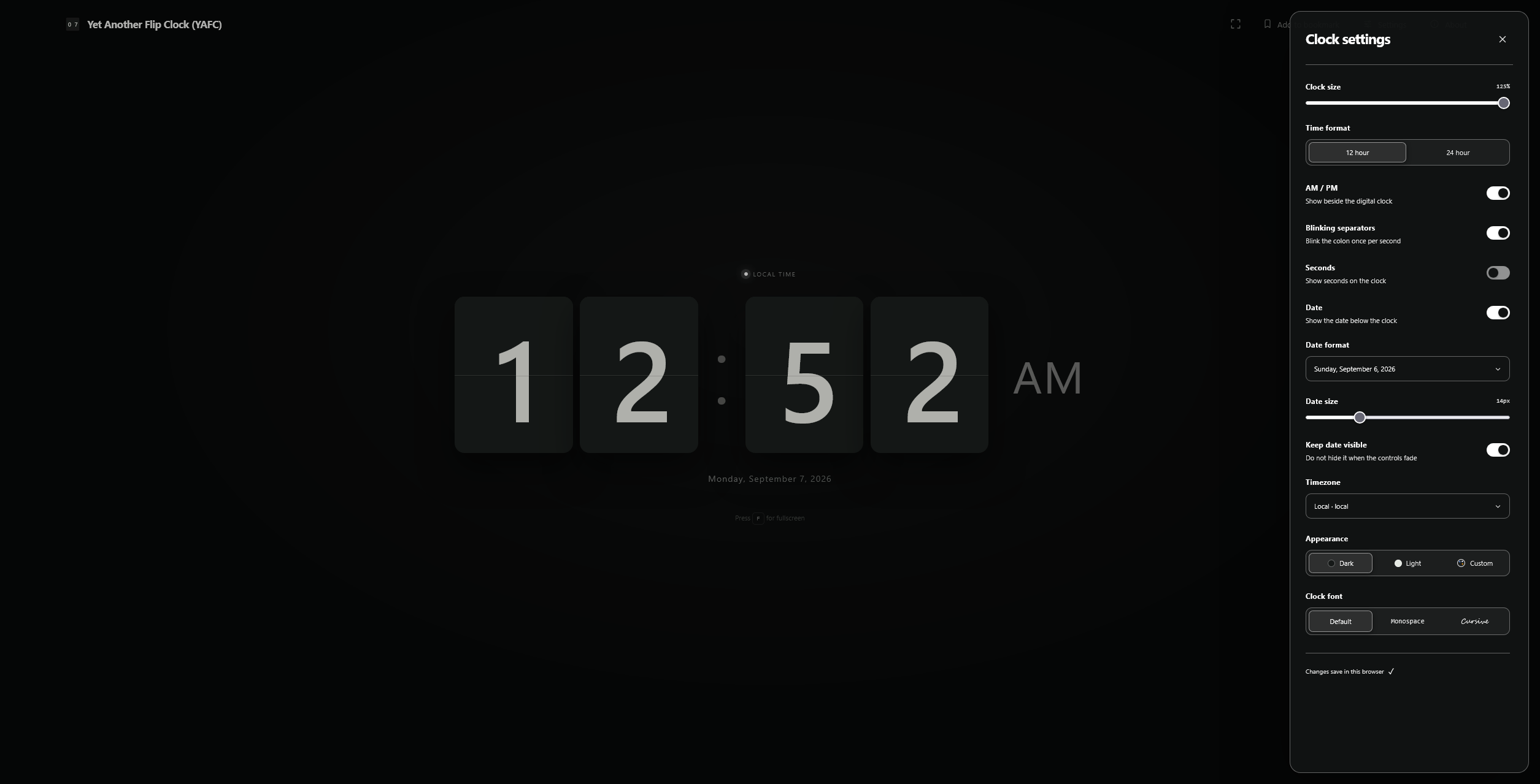 Yet Another Flip Clock with its clock settings panel open