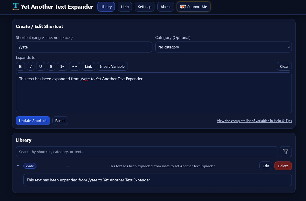 Yet Another Text Expander shortcut editor and snippet library
