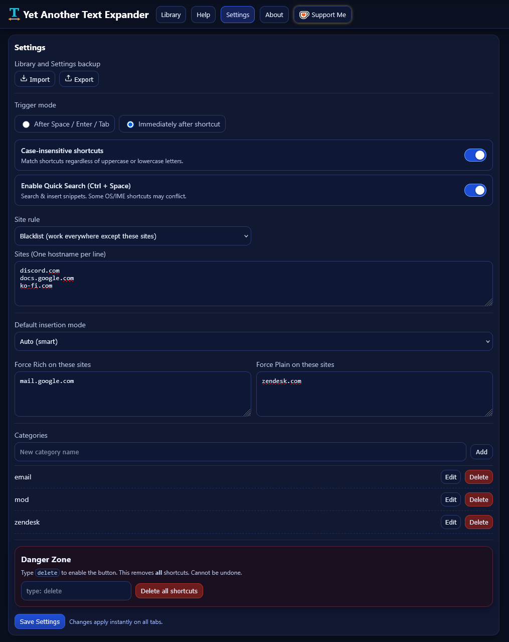 Yet Another Text Expander settings page